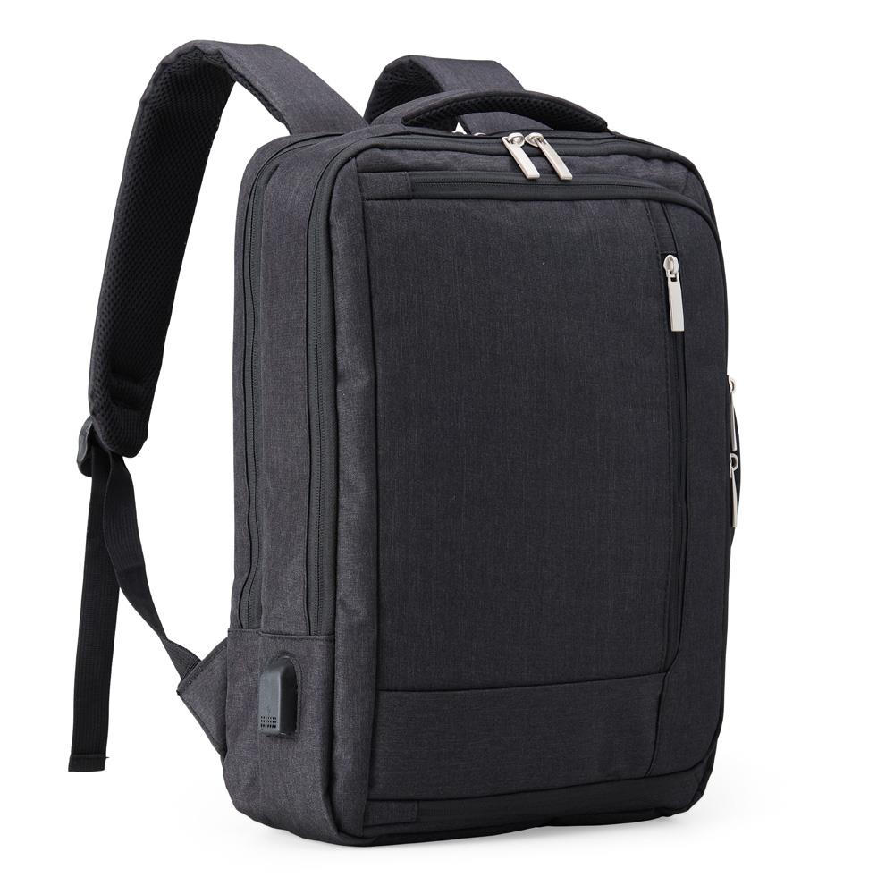 Mochila com Suporte Externo USB 1444 | alça para engate em malas de viagem e duas alças de mãos, sendo uma delas para o transporte da mochila no formato pasta.
